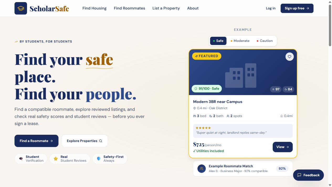 Actual ScholarSafe homepage showing student housing discovery and an explicitly labeled example listing